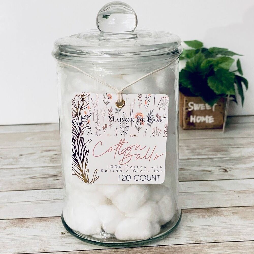 NWT Maison de Base Gorgeous Large Clear Glass Jar w/suction Lid 120 Cotton Balls
